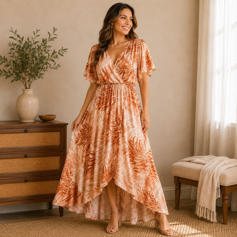 Rachel Roy Boho Maxi Dress Size 1X Abstract Print Coral Faux Wrap Coastal NWT